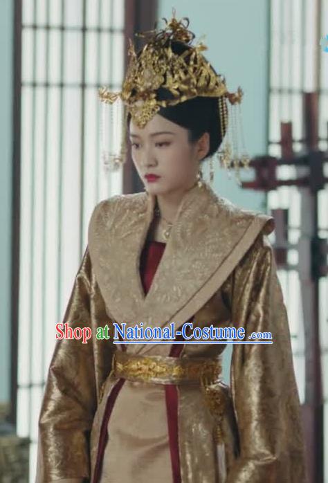 Chinese Ancient Queen Rong Le Golden Historical Drama Princess Silver Costume and Headpiece for Women