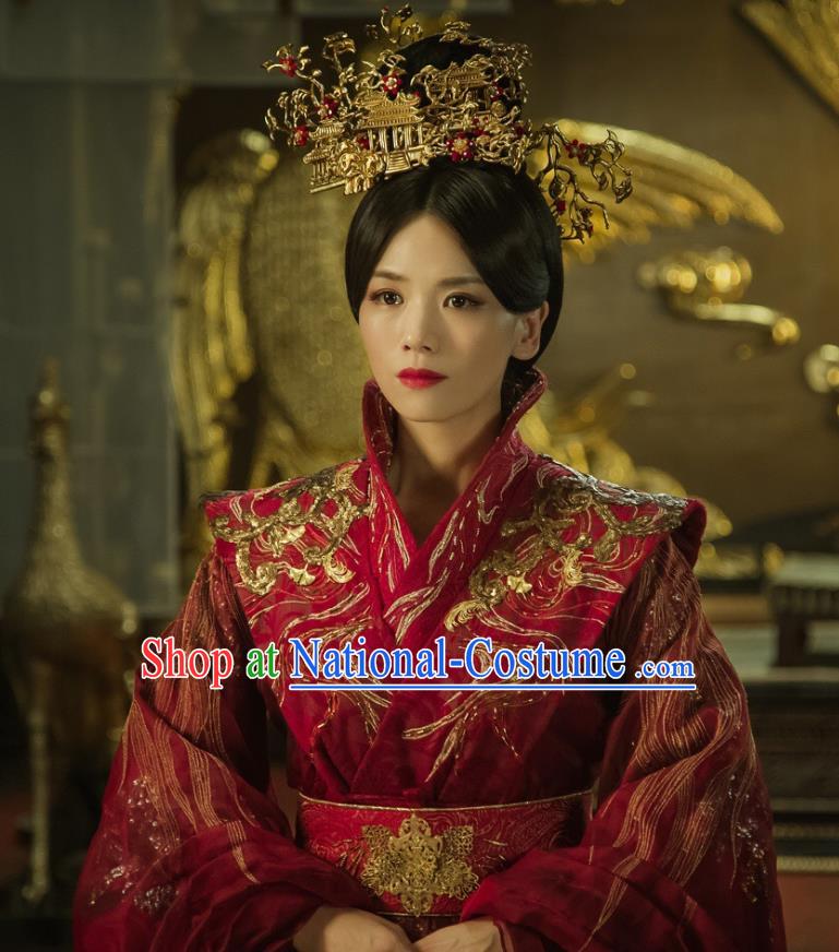 Chinese Ancient Palace Empress Zheng Shujun Red Hanfu Dress Historical Drama Legend of the Phoenix Costume and Headpiece for Women