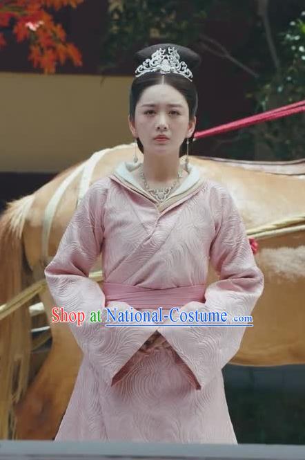 Chinese Ancient Royal Infanta Zhao Yun Pink Historical Drama Princess Silver Costume and Headpiece for Women