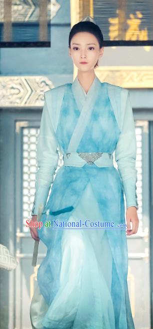 Chinese Historical Drama Love Better Than Immortality Ancient Female Swordsman Leng Ning Blue Costume and Headpiece for Women