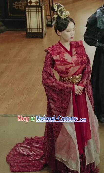 Chinese Ancient Imperial Consort Ban Ling Er Red Hanfu Dress Historical Drama Legend of the Phoenix Costume and Headpiece for Women