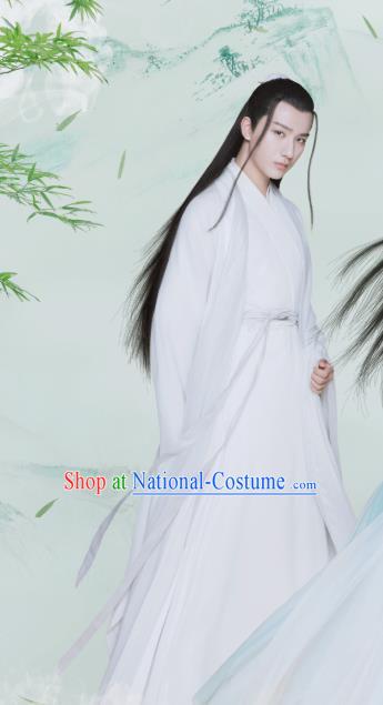 Love Better Than Immortality Chinese Ancient Swordsman Shangguan Qiuyue White Clothing Historical Drama Costume and Headwear for Men