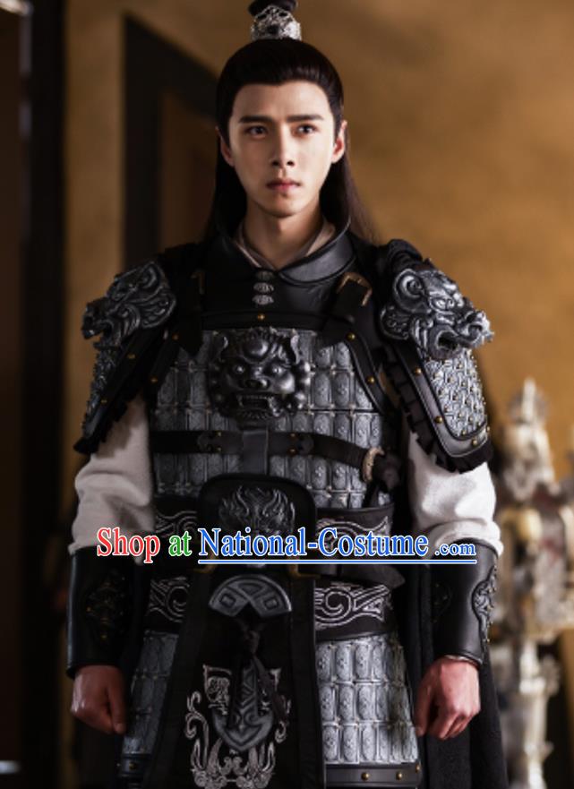 Chinese Drama The Love By Hypnotic Ancient General Li Qian Armor Historical Costume and Headwear for Men