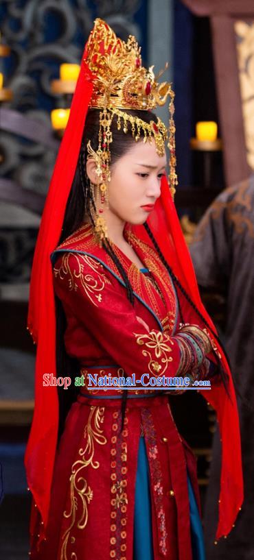 Chinese Ancient Princess Li Mingyue Wedding Red Hanfu Dress Historical Drama The Love By Hypnotic Costume and Headpiece for Women