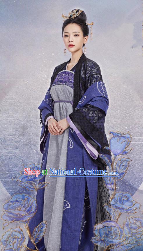 Chinese Ancient Noble Lady Qiao Huixin Blue Hanfu Dress Historical Drama The Love By Hypnotic Costume and Headpiece for Women