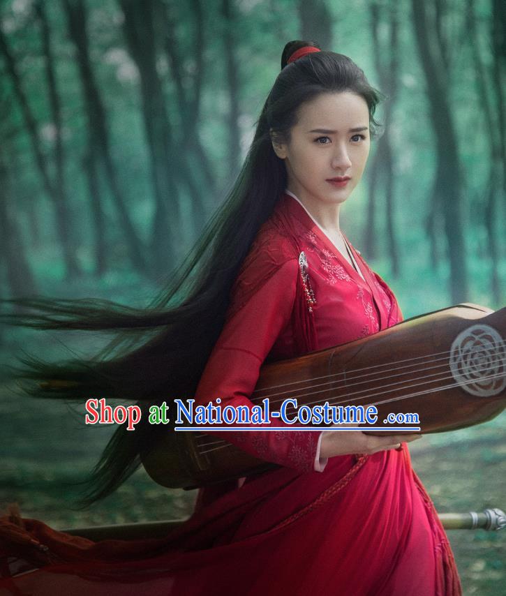 Chinese Ancient Female Swordsman Shu Jingrong Red Hanfu Dress Historical Drama Listening Snow Tower Costume and Headpiece for Women