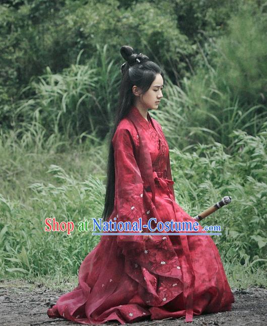 Chinese Ancient Demon Swordsman Shu Jingrong Red Hanfu Dress Historical Drama Listening Snow Tower Costume and Headpiece for Women