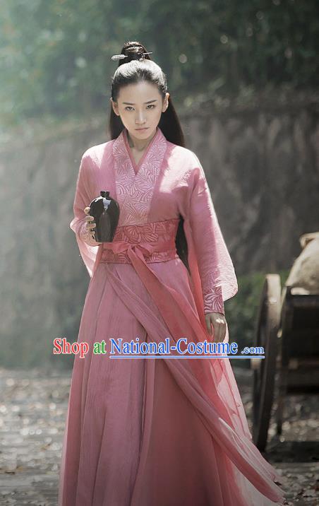 Chinese Ancient Demon Female Swordsman Pink Hanfu Dress Historical Drama Listening Snow Tower Costume and Headpiece for Women