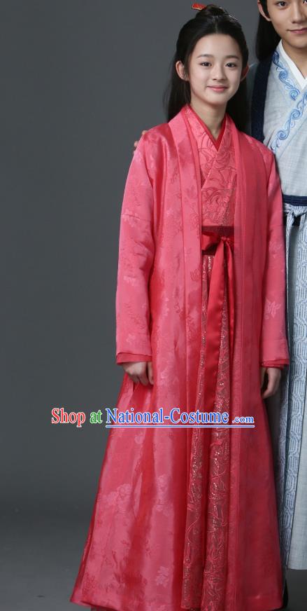 Chinese Ancient Demon Swordsman Shu Jingrong Rosy Hanfu Dress Historical Drama Listening Snow Tower Costume and Headpiece for Women