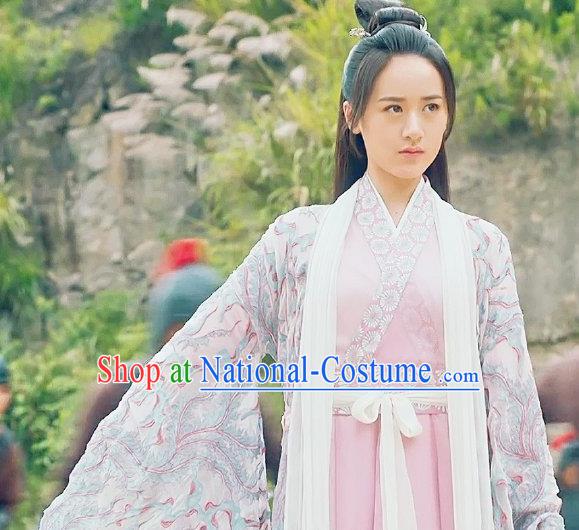 Chinese Ancient Demon Swordsman Shu Jingrong Pink Hanfu Dress Historical Drama Listening Snow Tower Costume and Headpiece for Women