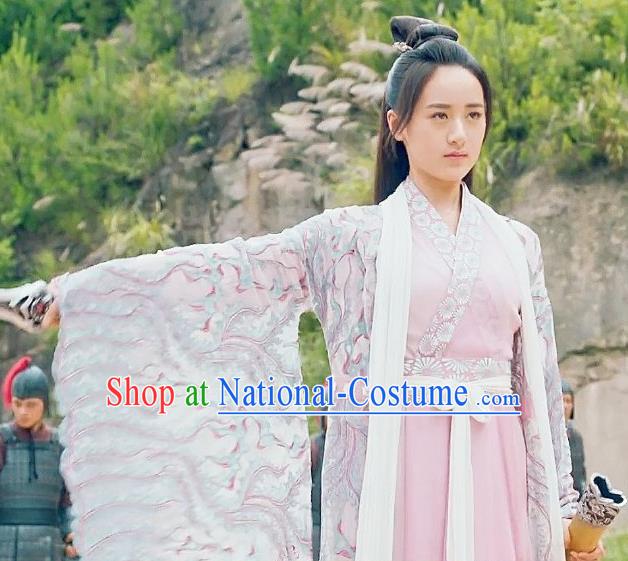 Chinese Ancient Demon Swordsman Shu Jingrong Pink Hanfu Dress Historical Drama Listening Snow Tower Costume and Headpiece for Women