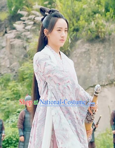 Chinese Ancient Demon Swordsman Shu Jingrong Pink Hanfu Dress Historical Drama Listening Snow Tower Costume and Headpiece for Women