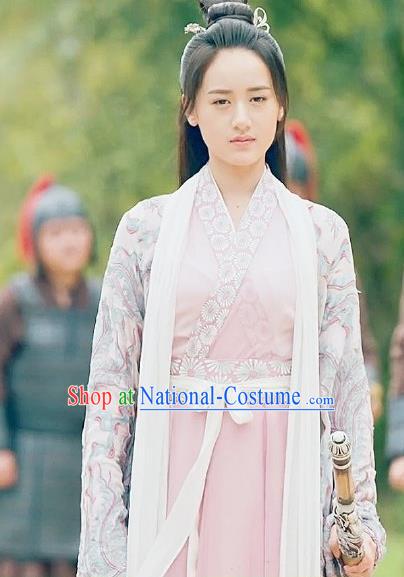 Chinese Ancient Demon Swordsman Shu Jingrong Pink Hanfu Dress Historical Drama Listening Snow Tower Costume and Headpiece for Women