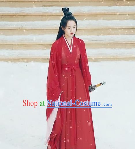 Chinese Ancient Female Swordsman Shu Jingrong Red Hanfu Dress Historical Drama Listening Snow Tower Costume and Headpiece for Women