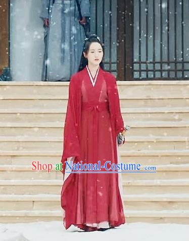 Chinese Ancient Female Swordsman Shu Jingrong Red Hanfu Dress Historical Drama Listening Snow Tower Costume and Headpiece for Women