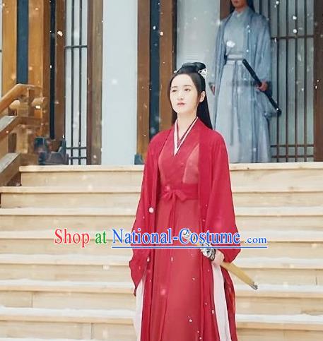 Chinese Ancient Female Swordsman Shu Jingrong Red Hanfu Dress Historical Drama Listening Snow Tower Costume and Headpiece for Women