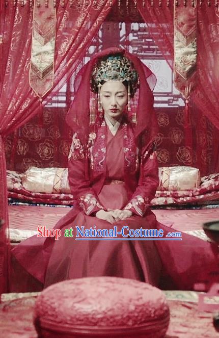 Chinese Ancient Ming Dynasty Wedding Red Dress Drama Under the Power Shangguan Xi Costume and Headpiece for Women