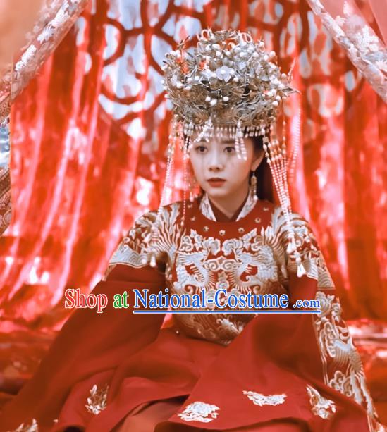 Chinese Ancient Ming Dynasty Bride Wedding Red Dress Drama Under the Power Yuan Jinxia Costume and Headpiece for Women