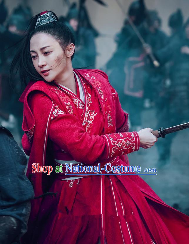 Chinese Ancient Female Swordsman Ye Zhen Red Dress Historical Drama Sword Dynasty Costume and Headpiece for Women