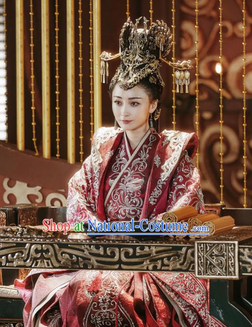 Chinese Ancient Empress Ye Zhen Red Dress Historical Drama Sword Dynasty Yao Di Costume and Headpiece for Women