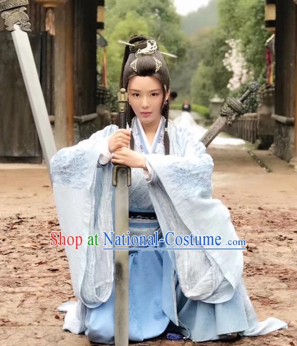 Chinese Ancient Female Swordsman Dress Historical Drama Sword Dynasty Nangong Caiwei Costume and Headpiece for Women