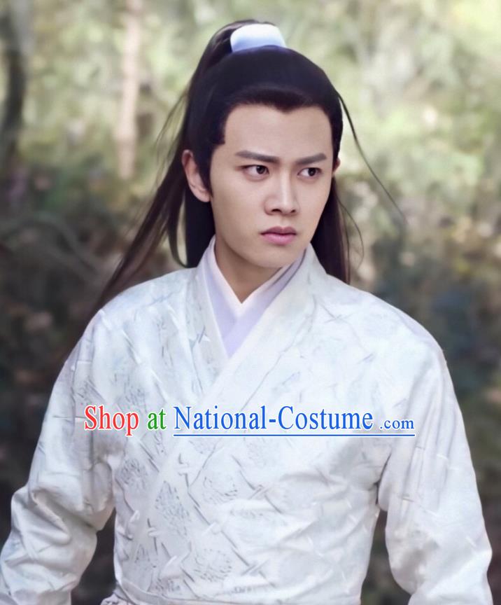 Drama Under the Power Chinese Ancient Ming Dynasty Swordsman Lu Yi White Costume and Headpiece Complete Set