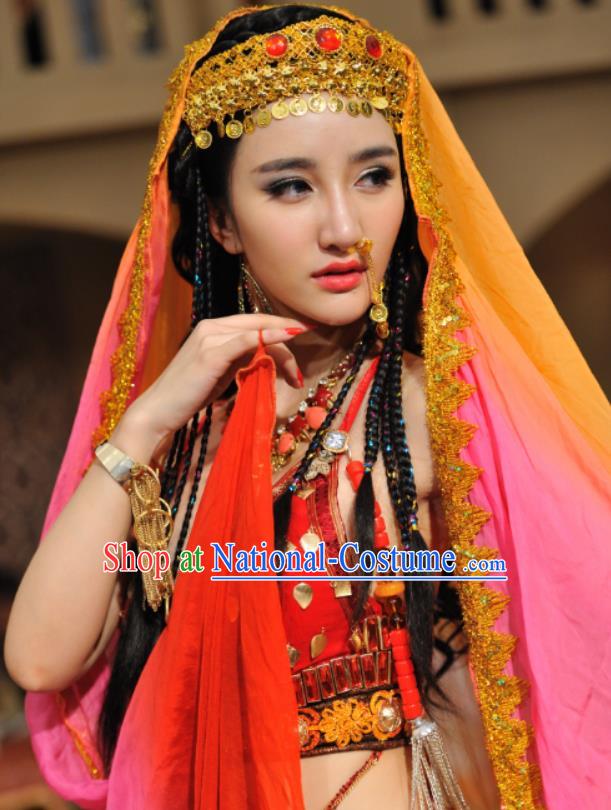 Chinese Ancient Tang Dynasty Persia Lady Dress Historical Drama Dagger Mastery Sai Ma Costume and Headpiece for Women