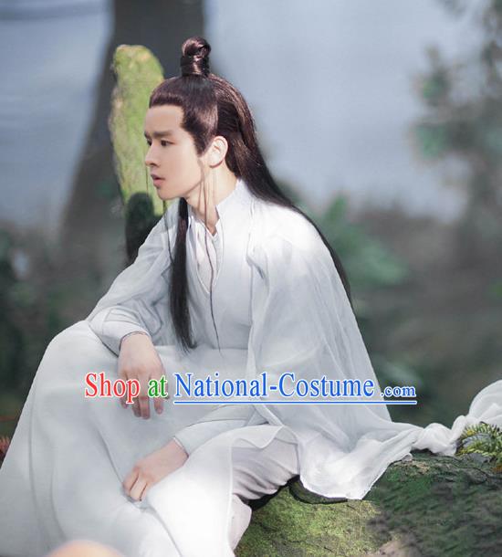 Drama The Great Ruler Chinese Ancient Swordsman Tan Qingshan White Costume and Headpiece Complete Set