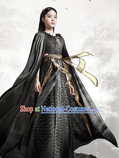 Chinese Ancient Female Swordsman Goddess Luo Li Black Dress Historical Drama The Great Ruler Costume and Headpiece for Women