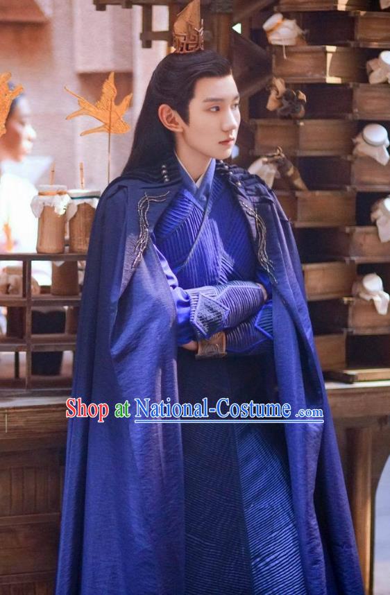 Drama The Great Ruler Chinese Ancient Young Swordsman Mu Chen Blue Costume and Headpiece Complete Set