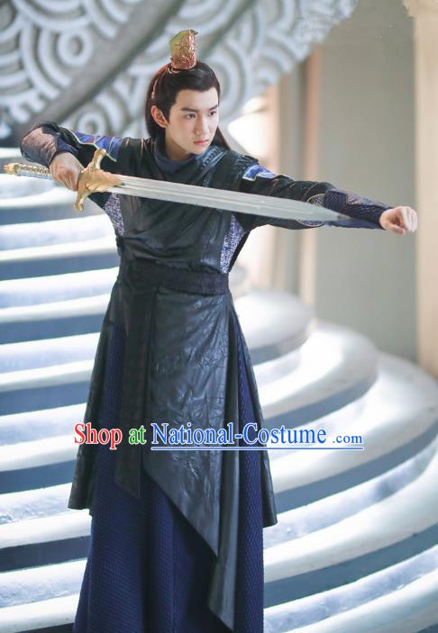 Drama The Great Ruler Chinese Ancient Swordsman Mu Chen Costume and Headpiece Complete Set