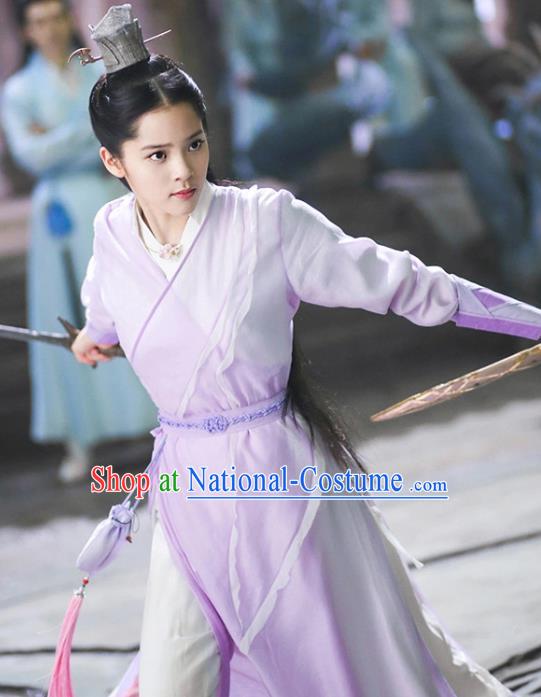 Chinese Ancient Goddess Swordsman Luo Li Lilac Dress Historical Drama The Great Ruler Costume and Headpiece for Women