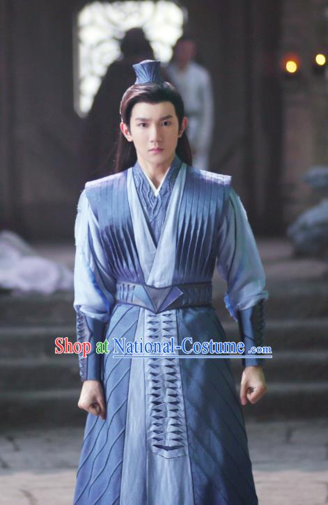 Drama The Great Ruler Chinese Ancient Swordsman Mu Chen Blue Costume and Headpiece Complete Set