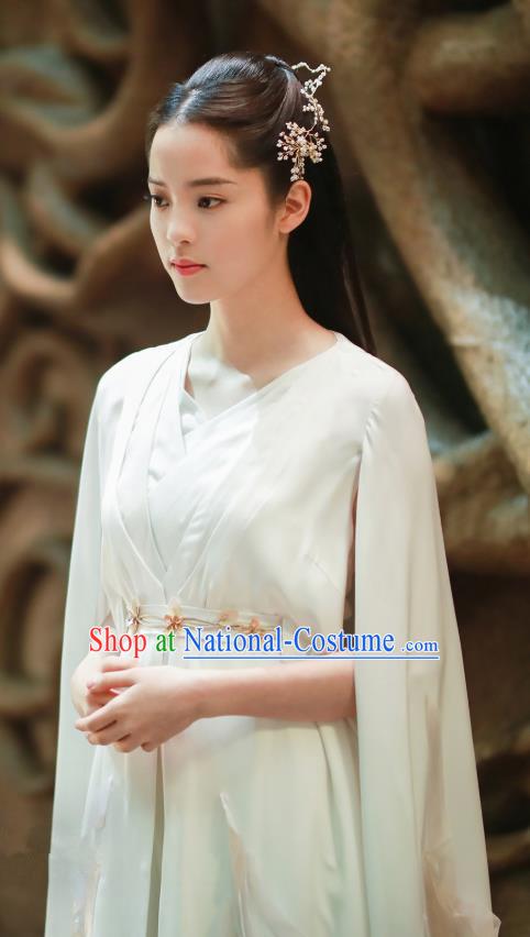 Chinese Ancient Goddess Swordsman Luo Li White Dress Historical Drama The Great Ruler Nana Ouyang Costume and Headpiece for Women