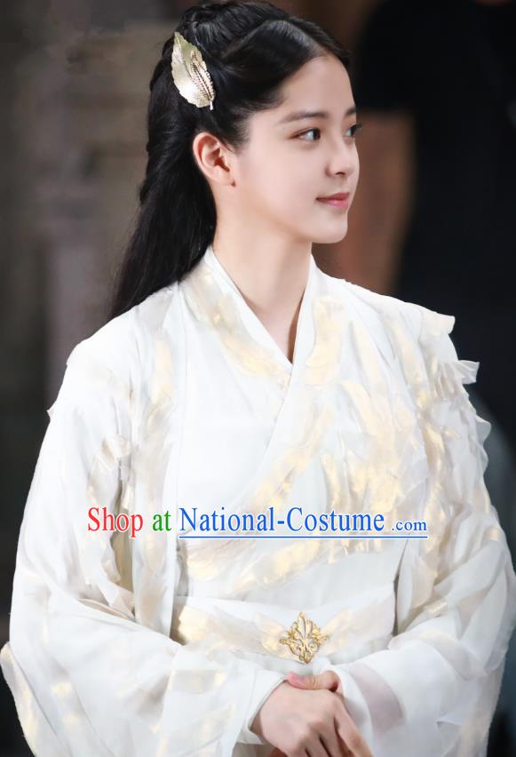 Chinese Ancient Goddess Maiden Luo Li White Dress Historical Drama The Great Ruler Nana Ouyang Costume and Headpiece for Women