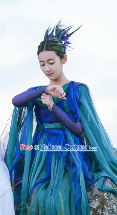 Chinese Ancient Fairy Jiu You Blue Dress Historical Drama The Great Ruler Costume and Headpiece for Women