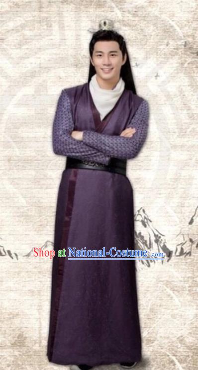 Drama Cinderella Chef Chinese Ancient Swordsman Bai Chongye Purple Costume and Headpiece Complete Set