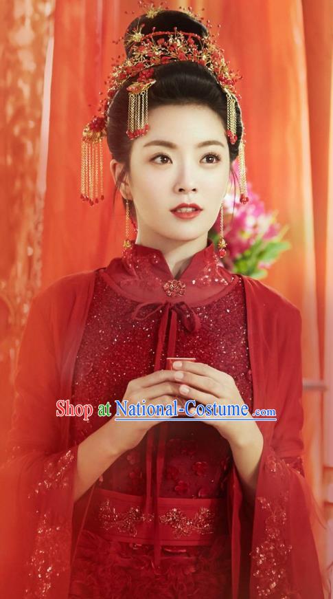 Chinese Ancient Noble Lady Ye Jiayao Wedding Red Dress Historical Drama Cinderella Chef Costume and Headpiece for Women