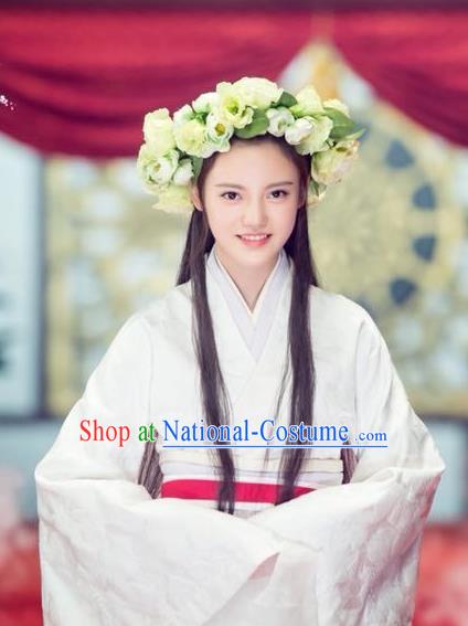 Chinese Ancient Qin Dynasty Noble Lady Tian Yi White Dress Historical Drama Hero Dream Costume and Headpiece for Women