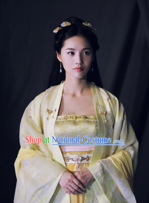 Chinese Ancient Tang Dynasty Princess Ming Hui Yellow Dress Historical Drama An Oriental Odyssey Costume and Headpiece for Women