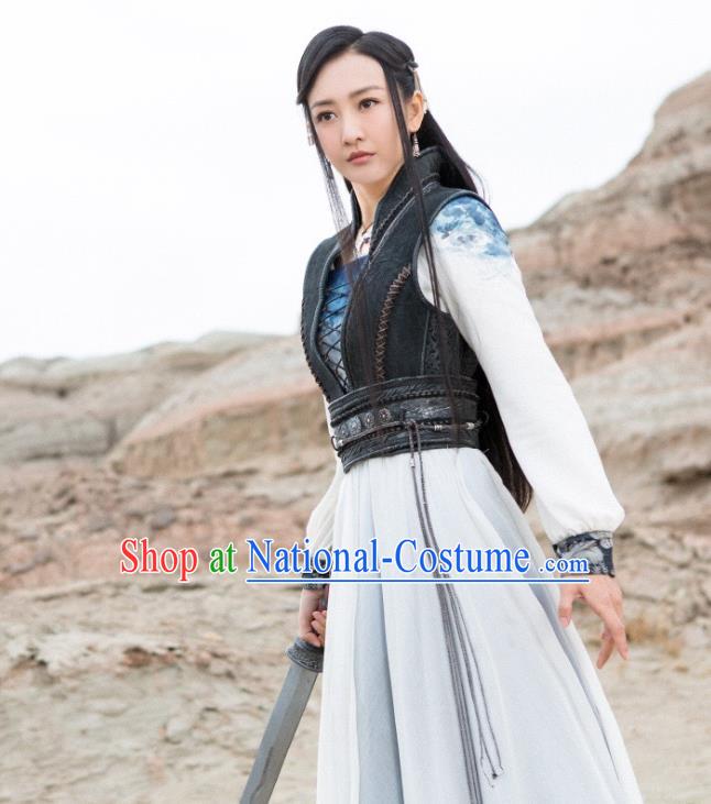 Chinese Ancient Swordsman Yu Wei Dress Historical Drama The Legend of Jade Sword Wang Ou Costume and Headpiece for Women