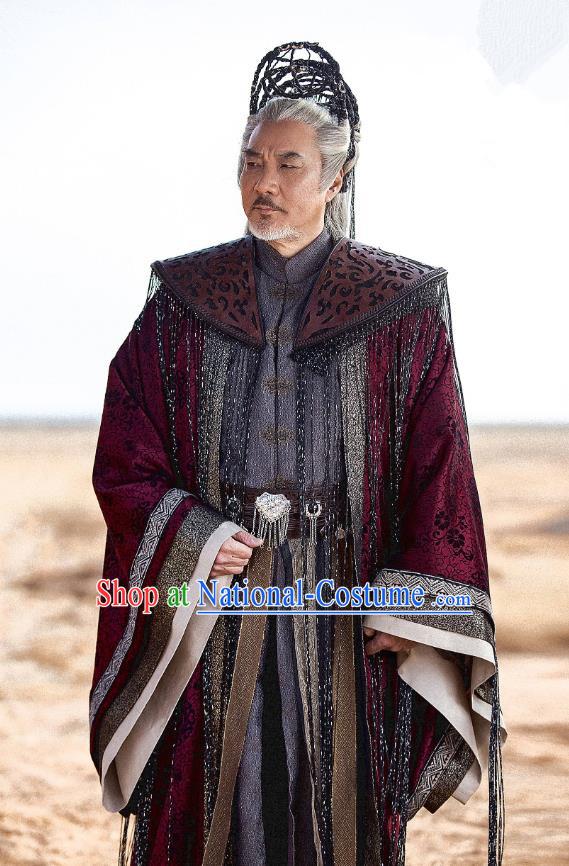 Drama The Legend of Jade Sword Chinese Ancient Taoist Priest Xuan Ji Purplish Red Costume and Headpiece Complete Set