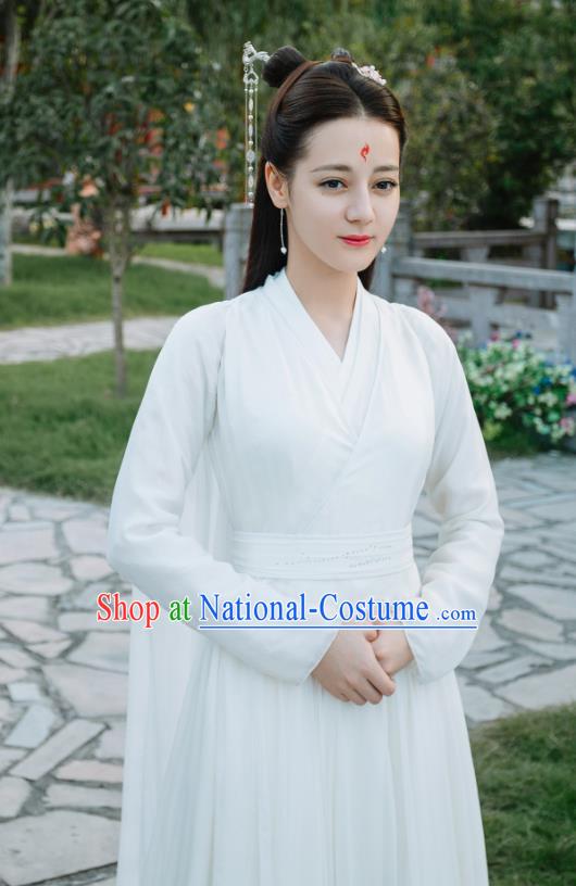 Chinese Ancient Fox Princess Bai Fengjiu White Dress Drama Sansheng Sanshi Pillow Eternal Love of Dream Costume and Headpiece Complete Set