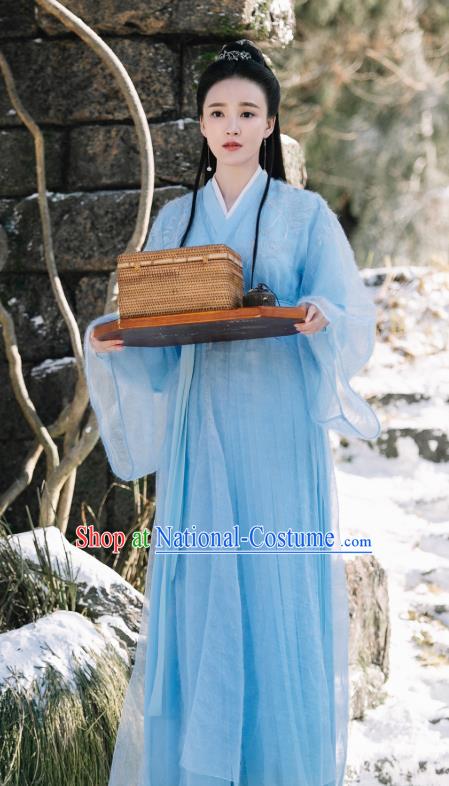 Chinese Ancient Demon Princess Ji Heng Blue Dress Drama Sansheng Sanshi Pillow Eternal Love of Dream Costume and Headpiece Complete Set