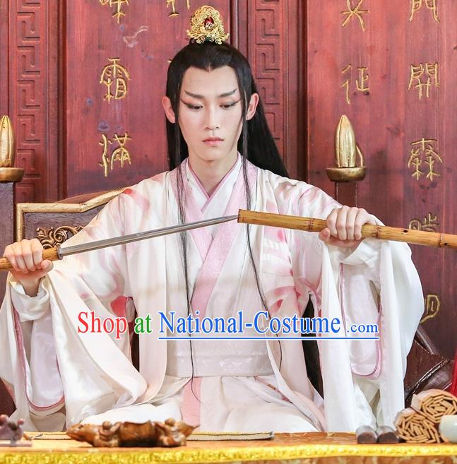 Chinese Ancient Prince Murong li White Hanfu Robe Drama Men with Sword Costumes and Hair Accessories for Men