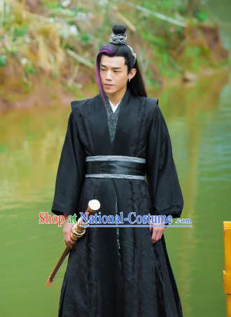 Chinese Ancient Swordsman Hanfu Robe Drama Men with Sword King Zhi Ming Costumes and Headwear