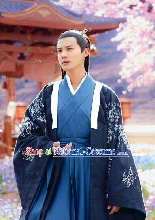 Chinese Ancient Musician Navy Hanfu Clothing and Hairpin Drama Love of Thousand Years Childe Fu Jiuyun Historical Costumes