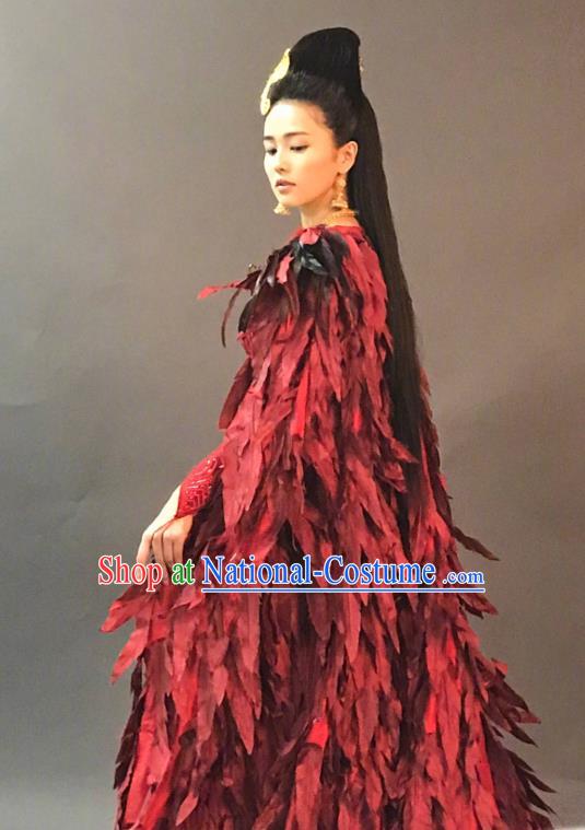 Chinese Ancient Red Feather Dress Historical Drama King Is Not Easy Princess Da Xi Costumes and Hair Accessories