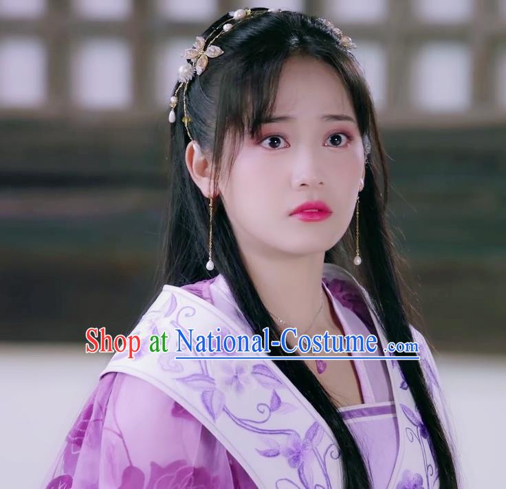 Chinese Ancient Noble Lady Lin Luojing Lilac Dress Historical Drama Jueshi Qianjin Costume and Headpiece for Women