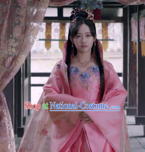 Chinese Ancient Princess Consort Lin Luojing Pink Dress Historical Drama Jueshi Qianjin Costume and Headpiece for Women